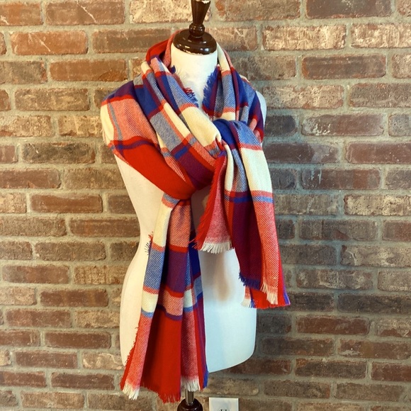Merona red, blue and cream colored scarf 80”x26” - Picture 1 of 4